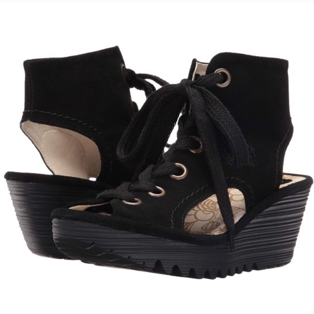 Fly London Black Suede lace up sandals